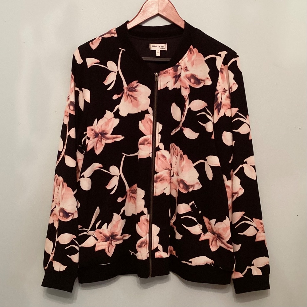 NWOT Monteau Black Floral Bomber Jacket Lightweight Zip Up Womens Size L - Picture 6 of 11